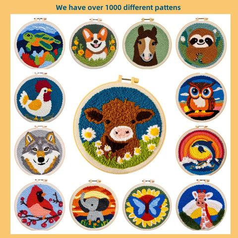 Beginner Punch Needle Kit With 20x20cm Hoop Cute Highland Cow And Daisy Design among various colorful embroidered patterns