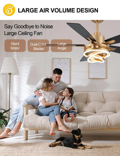 Family in living room with 52 Inch Ceiling Fan With Light Gold Chandelier, DC Motor, Dimmable LED, stylish design