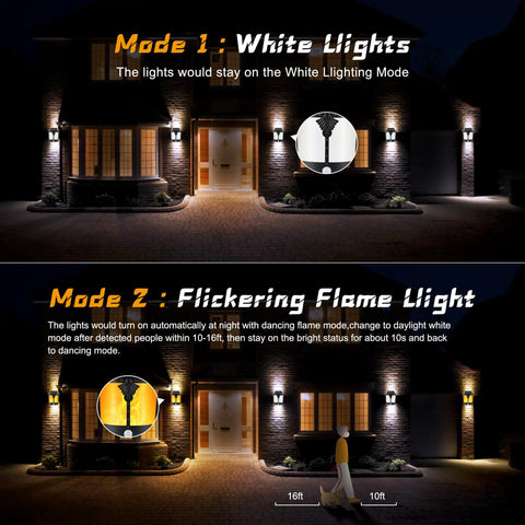 Home exterior with 2 In 1 Solar Wall Lights Outdoor Pack Of 2 With Motion Sensor Flickering Flame And White Light Modes Waterproof Sconce
