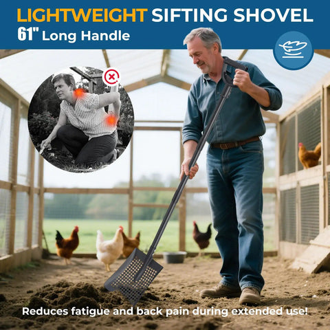Man using 61 Inch Heavy Duty Sifter Shovel For Chicken Coops And Garden Soil Cleanup with long handle in chicken coop.