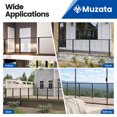 No Hassle Black Cable Railing Kit 28 To 32 Feet Surface Mount 36 Inch Deck Rail System displayed in indoor, porch, deck, and balcony settings.