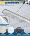 Industrial Floor Squeegee With 33.4 Inch Extra Large Blade And 63 Inch Stainless Handle For Concrete And Tough Cleaning Jobs Anti Splash Curved Baffle For Garage And Factory shown in use on a tiled floor.