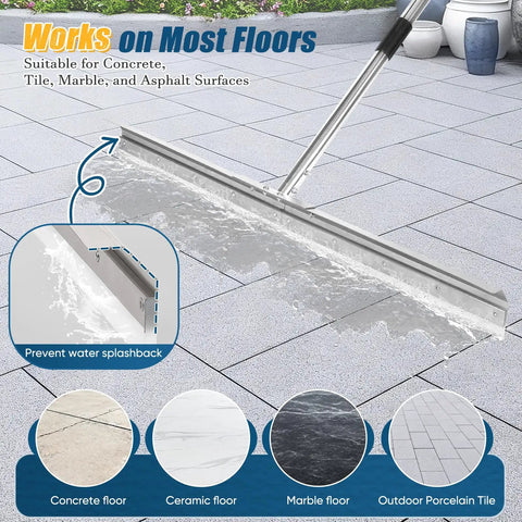 Industrial Floor Squeegee With 33.4 Inch Extra Large Blade And 63 Inch Stainless Handle For Concrete And Tough Cleaning Jobs Anti Splash Curved Baffle For Garage And Factory shown in use on a tiled floor.