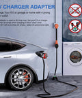 Heavy Duty EV Charge Adapter 30 To 50 Amp 10 Gauge NEMA 14 30P To 14 50R Converter charging an electric vehicle at home.