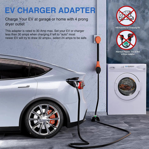 Heavy Duty EV Charge Adapter 30 To 50 Amp 10 Gauge NEMA 14 30P To 14 50R Converter charging an electric vehicle at home.