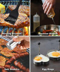 Ultimate 29 Piece Griddle Accessories Kit With Teppanyaki Spatulas Scraper Basting Cover And Grill Press For Camp Chef Home Cooking And Outdoor BBQ Pros Christmas Gift, including basting brush, squeeze bottle, salt shaker, and egg rings in use.