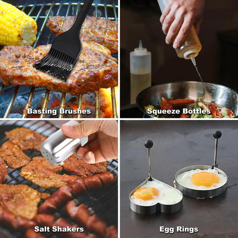 Ultimate 29 Piece Griddle Accessories Kit With Teppanyaki Spatulas Scraper Basting Cover And Grill Press For Camp Chef Home Cooking And Outdoor BBQ Pros Christmas Gift, including basting brush, squeeze bottle, salt shaker, and egg rings in use.