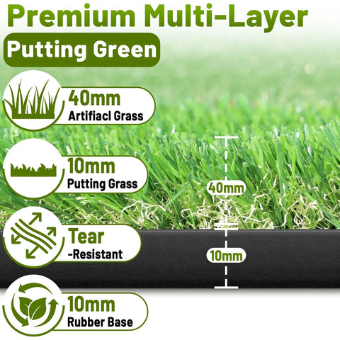 Cross-section of 5ft By 10ft Golf Putting Green Mat For Indoor Outdoor Practice showing layers: 40mm artificial grass, 10mm putting grass, 10mm rubber base