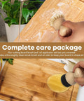 Top Tier Cutting Board Care Set Featuring Hella Sturdy Sisal Scrub Brush And Smooth Wood Oil Applicator For Kitchen Hardwood Conditioning And No Sweat Weekly Cleaning Routines in use, cleaning bamboo board.