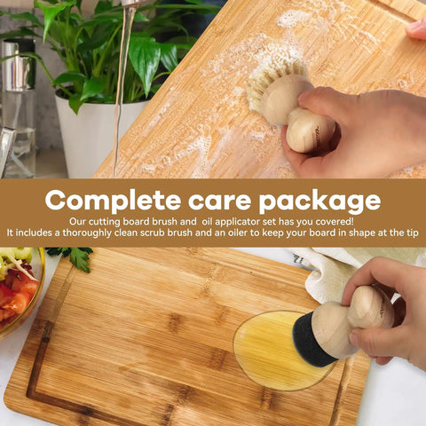 Top Tier Cutting Board Care Set Featuring Hella Sturdy Sisal Scrub Brush And Smooth Wood Oil Applicator For Kitchen Hardwood Conditioning And No Sweat Weekly Cleaning Routines in use, cleaning bamboo board.