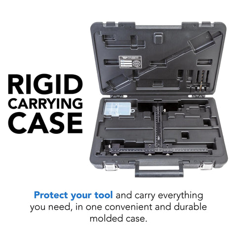 Cabinet Hardware Jig With Patent Pending True Calibration And Laser Engraved Rulers in rigid carrying case for tool protection