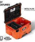MODbox Medium Deep Tool Box With Beefy Heavy Duty Organizer Removable Tray Water And Debris Resistant Stackable Module For A Mobile Workstation And 100 Pound Capacity, open view showing inner compartments and metal plate.
