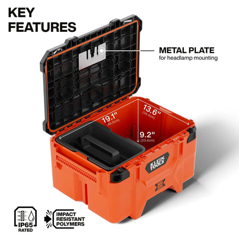 MODbox Medium Deep Tool Box With Beefy Heavy Duty Organizer Removable Tray Water And Debris Resistant Stackable Module For A Mobile Workstation And 100 Pound Capacity, open view showing inner compartments and metal plate.