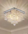 Crystal Chandelier For Hallways And Entryways, Modern Square Flush Mount Ceiling Light Fixture With Four Lights, Raindrop Crystal Drops