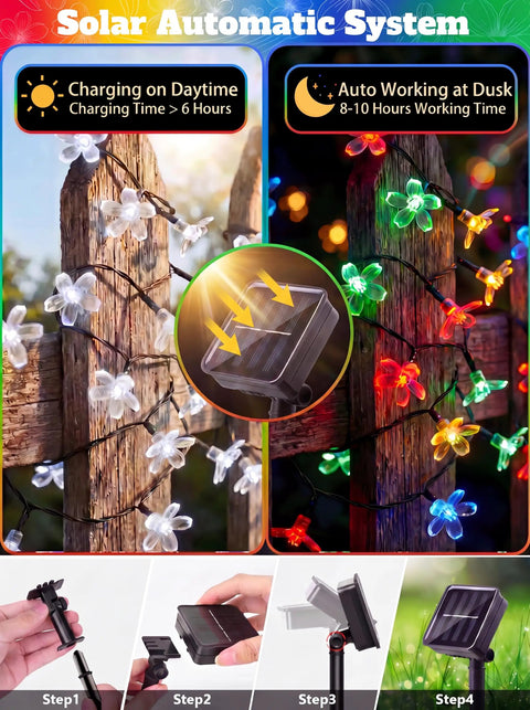 Solar Flower String Lights Outdoor Waterproof 50 LED Fairy Lights Sun Powered at day and night on wooden fence