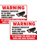 Two Pack Top Shelf Security Camera Warning Stickers With Realistic Video Monitoring Graphics For Warehouses Or Homes High Visibility Vinyl Decals Heavy Duty Adhesive That Really Grips Tight Indoors Outdoors worn on a white background.