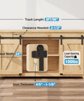 8Ft Small Sliding Barn Door Hardware Kit For Double Doors With Spliced Tracks And Floor Guides Suitable For Grooved Or Non Grooved Doors Ideal For TV Stands Cupboards Storage Cabinets Wardrobes I Shape Hanger No Cabinet installed on wooden cabinet showing track length and door width