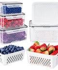 4 Pack Fridge Fruit Storage Containers With Removable Colanders, Airtight Food Saver, Dishwasher Safe Produce Organizer Set, clear design