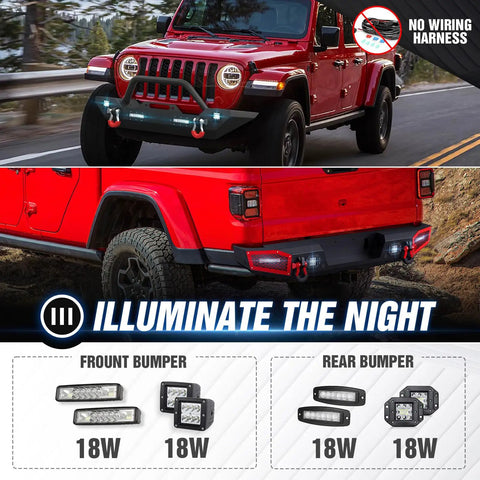 Heavy Duty Steel Front And Rear Bumper Kit For Jeep Gladiator JT showing front and rear views with 18W LED lights.