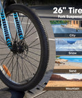 Close-up of 26 inch tire on an All Terrain Electric Mountain Bike With 1000W Peak Power, featuring multi-terrain capability.