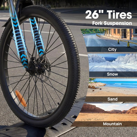 Close-up of 26 inch tire on an All Terrain Electric Mountain Bike With 1000W Peak Power, featuring multi-terrain capability.