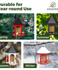Durable Metal Bird Feeder For Outdoors Hanging With 3 Pound Seed Capacity, Squirrel Resistant And Rust Resistant, Easy To Fill And Clean, Ideal For Attracting Cardinals Finches And Bluebirds In Your Garden shown in four seasons.