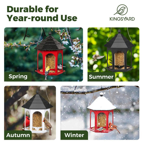 Durable Metal Bird Feeder For Outdoors Hanging With 3 Pound Seed Capacity, Squirrel Resistant And Rust Resistant, Easy To Fill And Clean, Ideal For Attracting Cardinals Finches And Bluebirds In Your Garden shown in four seasons.