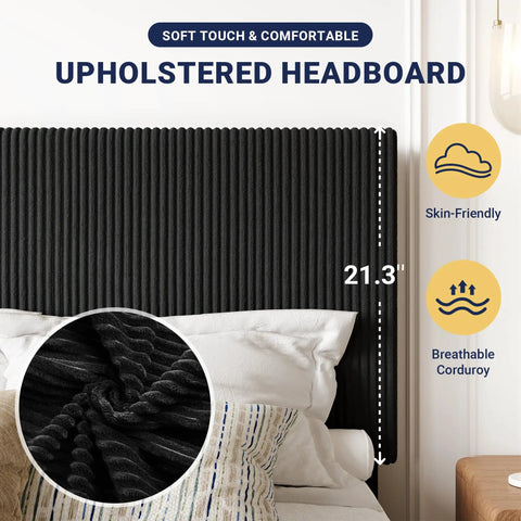 Ultra Legit Comfy Queen Bed Frame With Adjustable Corduroy Headboard And Sleek Black Platform Design For Your Bedroom Glow Up Easy Peasy Setup Solid Build Quality with detailed breathable corduroy.