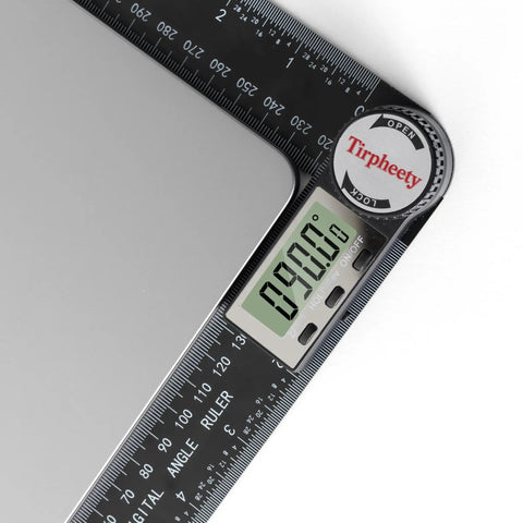 Pro Level Digital Angle Finder Protractor displaying 90 degrees on a bright LCD screen with ruler measurement markings.