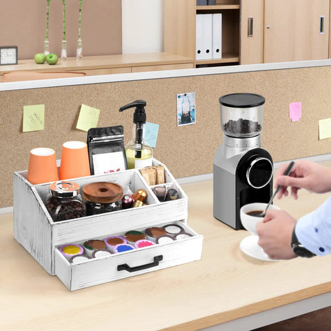 Rustic White Coffee Bar Organizer With Drawer All In One Setup Three Compartments And Deep Storage for kitchen counter
