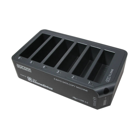 Heavy Hitter USB Three Zero Six Bay Hard Drive Duplicator fits two point five and three point five inch SATA drives, black design.
