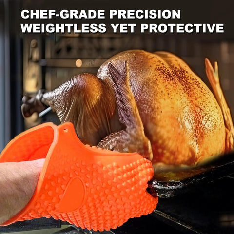 Using heat resistant gloves from 5 In 1 Pro Grade Grill Tools Set With Insulated Meat Resting Blanket to lift roast turkey.