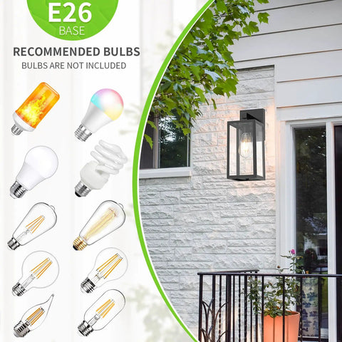 Durable Black Exterior Wall Lanterns With Hella Weatherproof Build For Backyards And Patios mounted on a wall with recommended E26 bulbs.