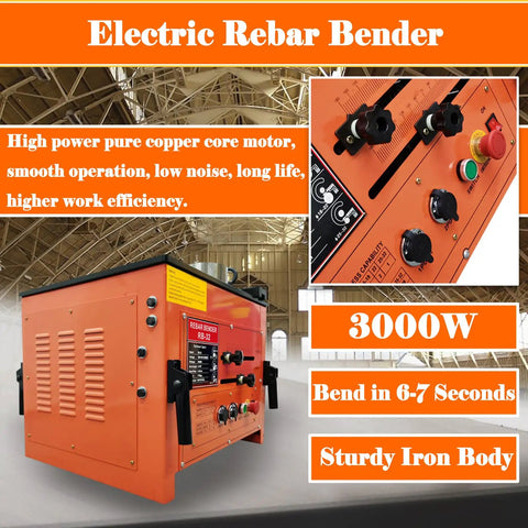 Built Tough Electric Rebar Bender Cutter, 3000W Hydraulic Steel Bar Bending Machine showing controls and sturdy iron body.