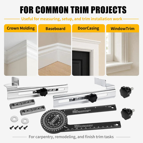 Kickass Crown Molding Jig And Miter Saw Protractor With Heavy Duty Metal Stops for trim projects like crown molding and baseboards.