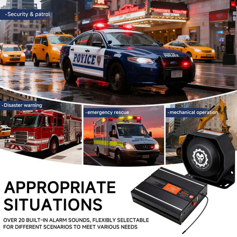 Beefy 12V Emergency Siren Speaker PA System Kit With Remote 200W 125-150dB in use on police car, fire truck, ambulance