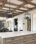 Black Farmhouse Chandelier 4 Light Industrial Lantern Chandelier Metal Frame Rustic Cage Pendant Light Fixture in kitchen