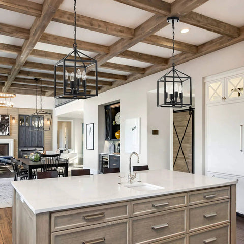 Black Farmhouse Chandelier 4 Light Industrial Lantern Chandelier Metal Frame Rustic Cage Pendant Light Fixture in kitchen
