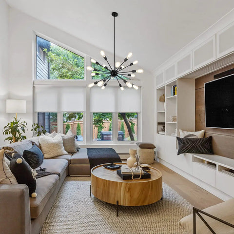Living room with Dope Black Sputnik Chandelier With 18 Lights Adjustable Height Pendant Light For High Ceilings Industrial Mid Century Vintage Style Foyer Kitchen Living Room And Dining Area Lighting