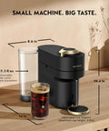 Vertuo Pop Deluxe Coffee And Espresso Maker With Aeroccino Milk Frother, 5 Brew Sizes, Matte Black Gold Finish on counter