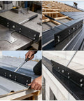 Heavy Duty 16 Inch Sheet Metal Folding Tool with PVC handle in use for HVAC ductwork and roofing, showing dual 3/8 and 1 inch bends.