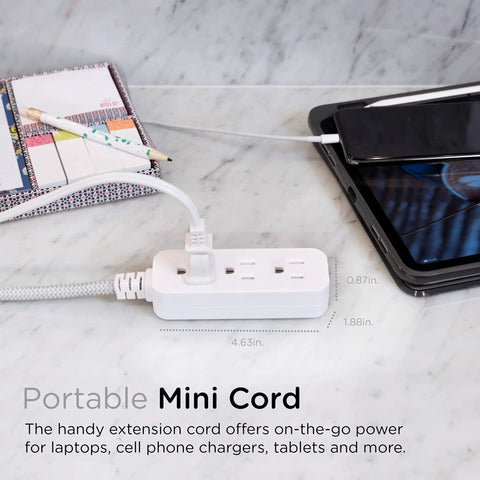 Designer Mini 3-Outlet Power Strip With 18 Inch Braided Cord Grounded Adapter Low Profile Flat Plug ETL Listed White Gray on table