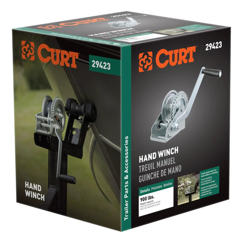 CURT 29423 hand winch box, 900 lb capacity boat trailer winch with 6.5-inch handle and clear zinc finish