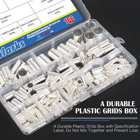 166 Piece Wire Ferrules Kit With 8 Sizes From 2/0 To 12, Silver Plated Copper Crimp Terminals, in plastic grid box