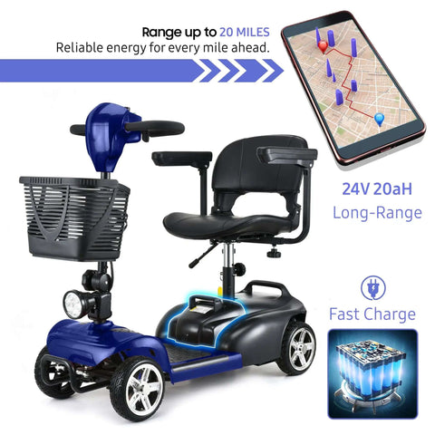 Folding Mobility Scooter for Adults With 300W Motor and 20Ah Battery, All Day Cruising Up To 20 Miles Per Charge, 285 Lbs Weight Capacity, Electromagnetic Brake, Flat Fold Portable Design in Blue, side view.