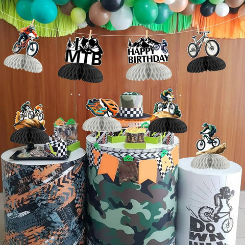 Eight Piece Mountain Bike Birthday Honeycomb Centerpieces With Clips For Teens And Adults BMX Style Party Table Toppers