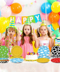 Legendary 7 Inch Cartoon Story Paper Plates 60 Pack Boy Birthday Party Supplies displayed with kids celebrating at a festive party.