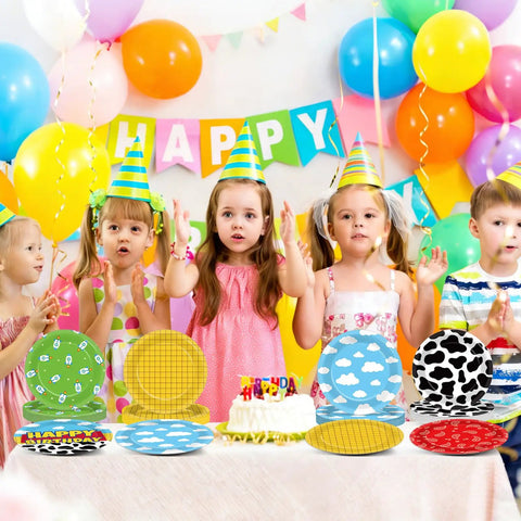 Legendary 7 Inch Cartoon Story Paper Plates 60 Pack Boy Birthday Party Supplies displayed with kids celebrating at a festive party.