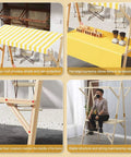Foldable Wooden Market Stall Booth With Canopy showcasing a yellow striped canopy, large countertop, and sturdy frame support.