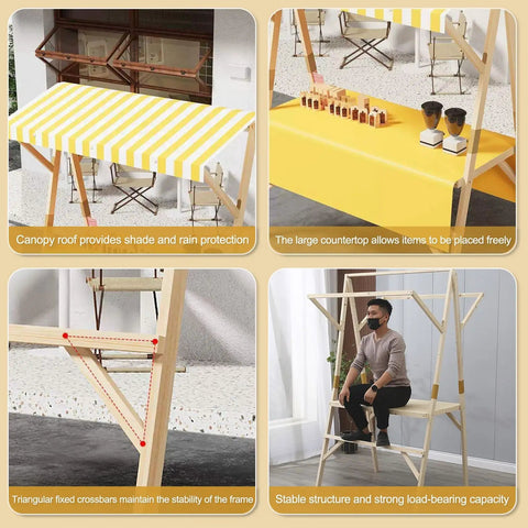 Foldable Wooden Market Stall Booth With Canopy showcasing a yellow striped canopy, large countertop, and sturdy frame support.